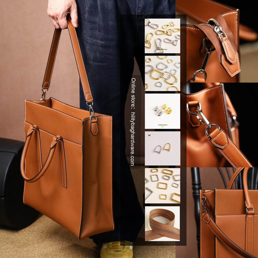 Basic bag hardware set with stainless steel snap hook, D-ring and zipper on a tan leather tote
