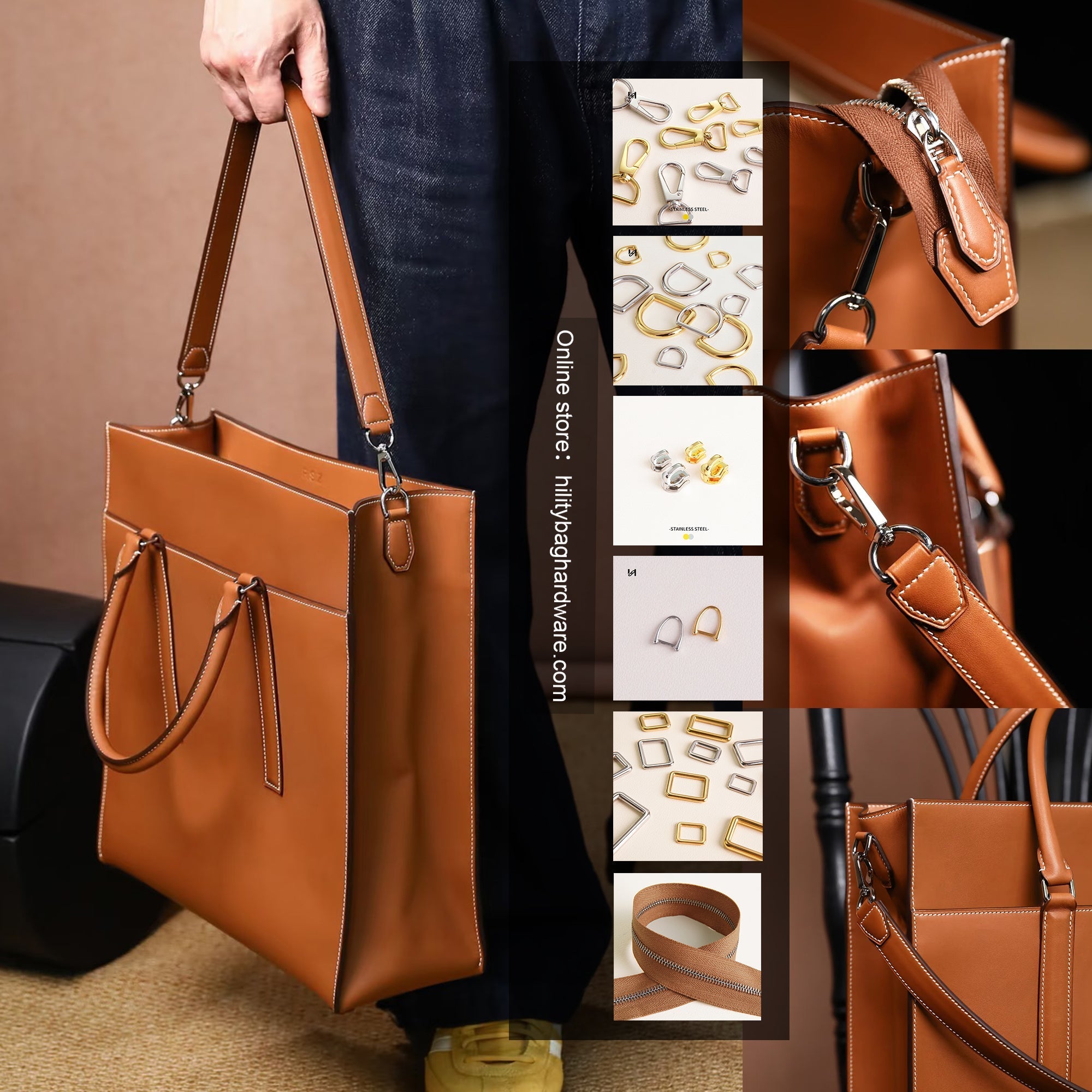 Basic bag hardware set with stainless steel snap hook, D-ring and zipper on a tan leather tote