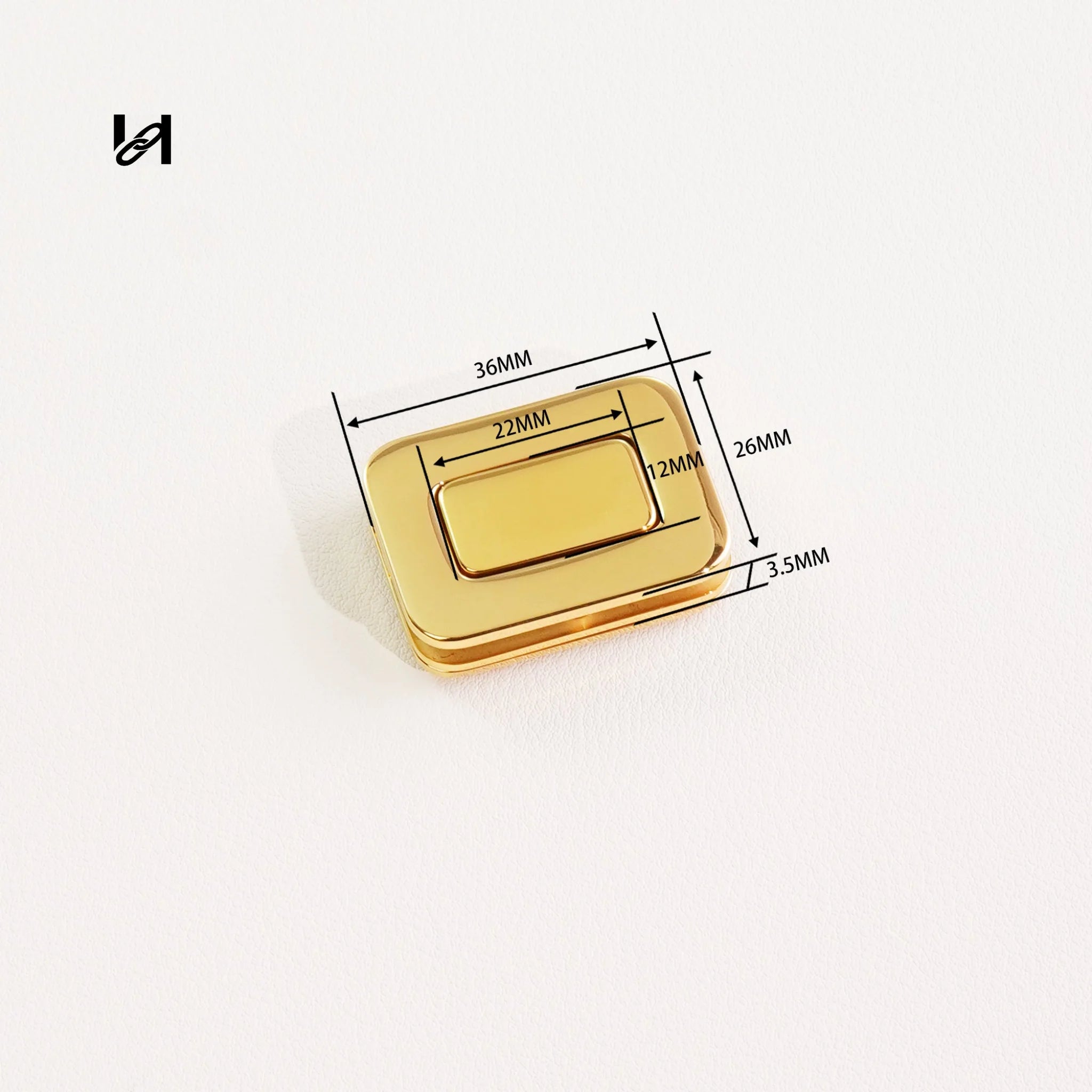 Gold rectangular object with dimensions labeled on a white background