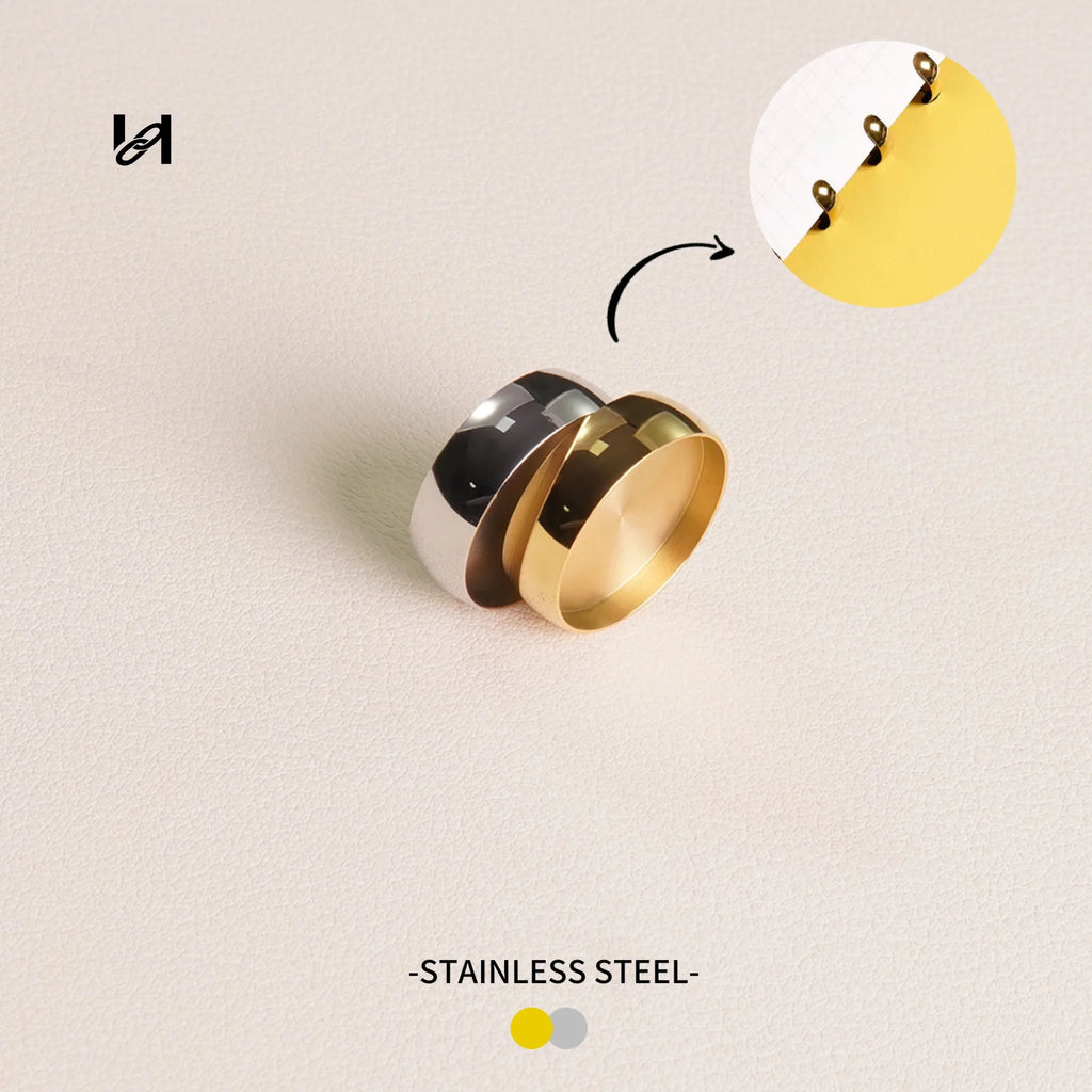 Three rings in different colors on a light beige background with 'Stainless Steel' text.